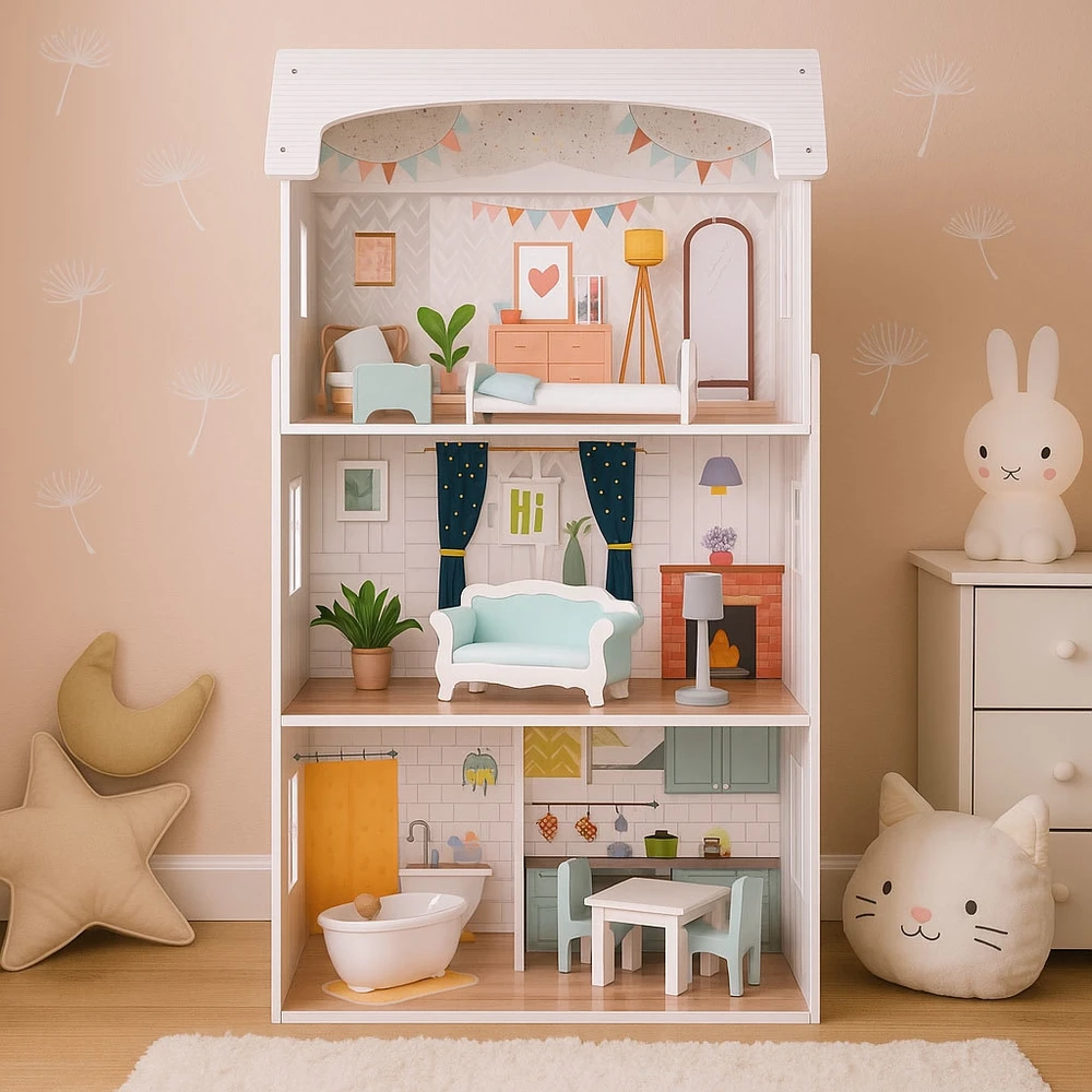 Lėlių namas Alice ECOTOYS, 3 aukštai, 4 kambariai, 9 baldų komplektas