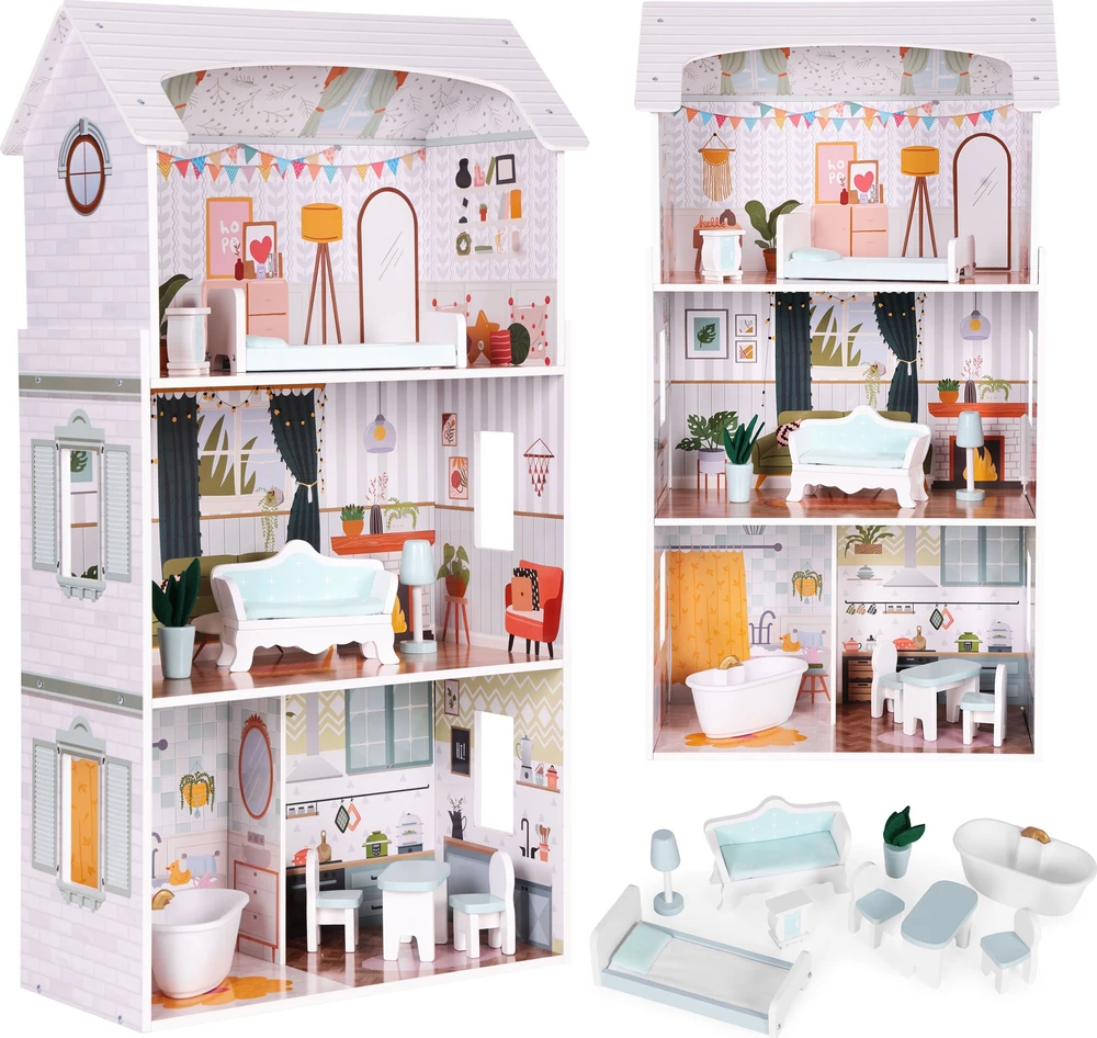 Lėlių namas Alice ECOTOYS, 3 aukštai, 4 kambariai, 9 baldų komplektas
