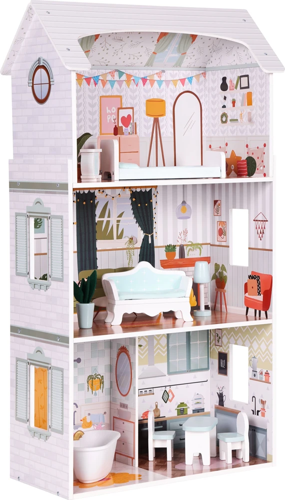 Lėlių namas Alice ECOTOYS, 3 aukštai, 4 kambariai, 9 baldų komplektas