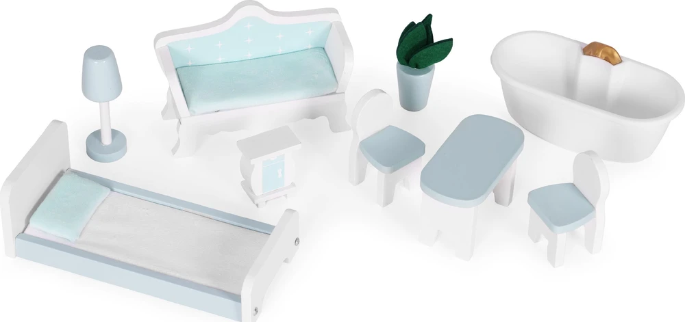 Lėlių namas Alice ECOTOYS, 3 aukštai, 4 kambariai, 9 baldų komplektas
