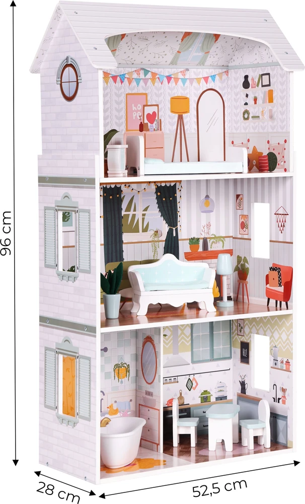 Lėlių namas Alice ECOTOYS, 3 aukštai, 4 kambariai, 9 baldų komplektas