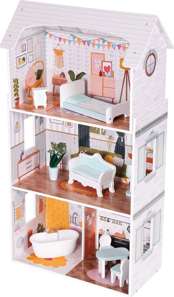 Lėlių namas Alice ECOTOYS, 3 aukštai, 4 kambariai, 9 baldų komplektas