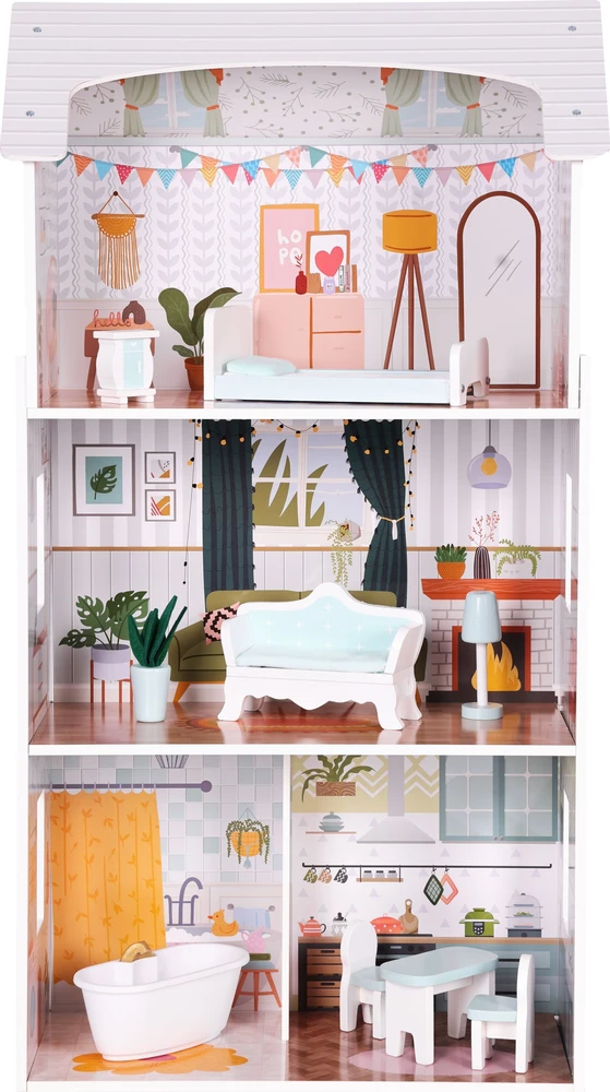 Lėlių namas Alice ECOTOYS, 3 aukštai, 4 kambariai, 9 baldų komplektas