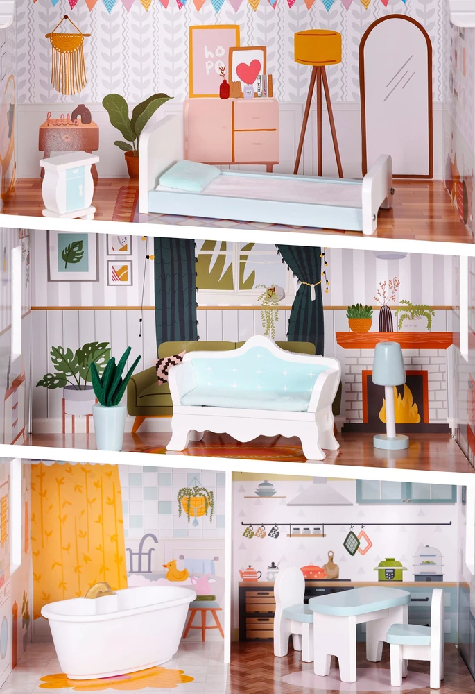Lėlių namas Alice ECOTOYS, 3 aukštai, 4 kambariai, 9 baldų komplektas