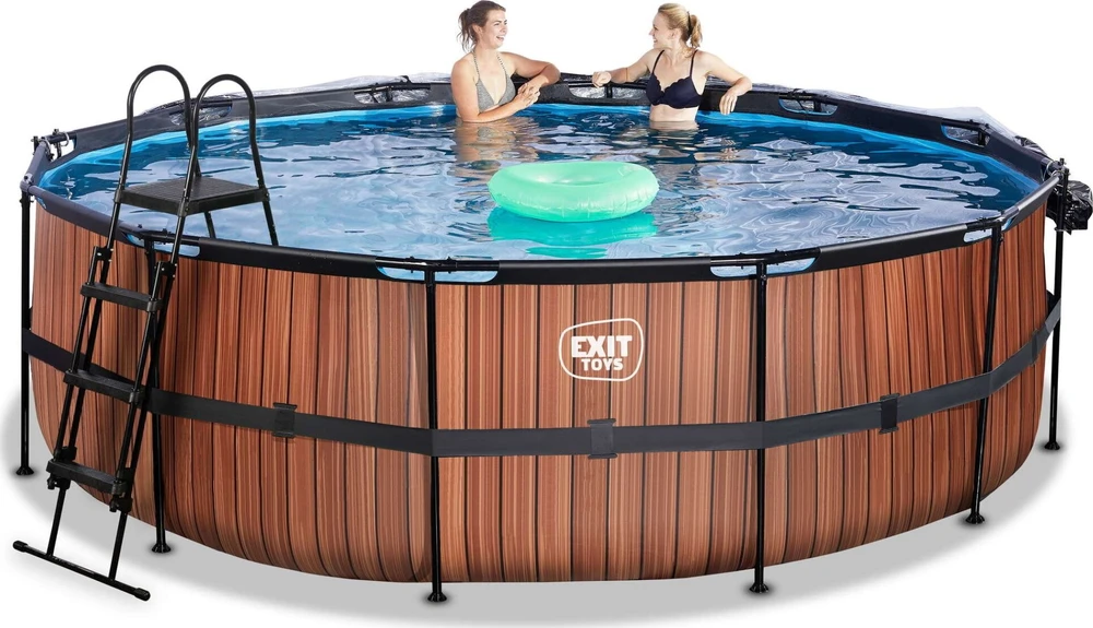 EXIT Wood baseinas ø450x122cm su kupolu, smėlio filtru ir šilumos siurbliu - rudas