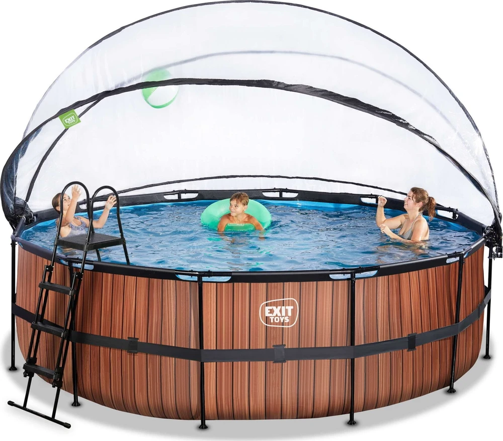 EXIT Wood baseinas ø450x122cm su kupolu, smėlio filtru ir šilumos siurbliu - rudas