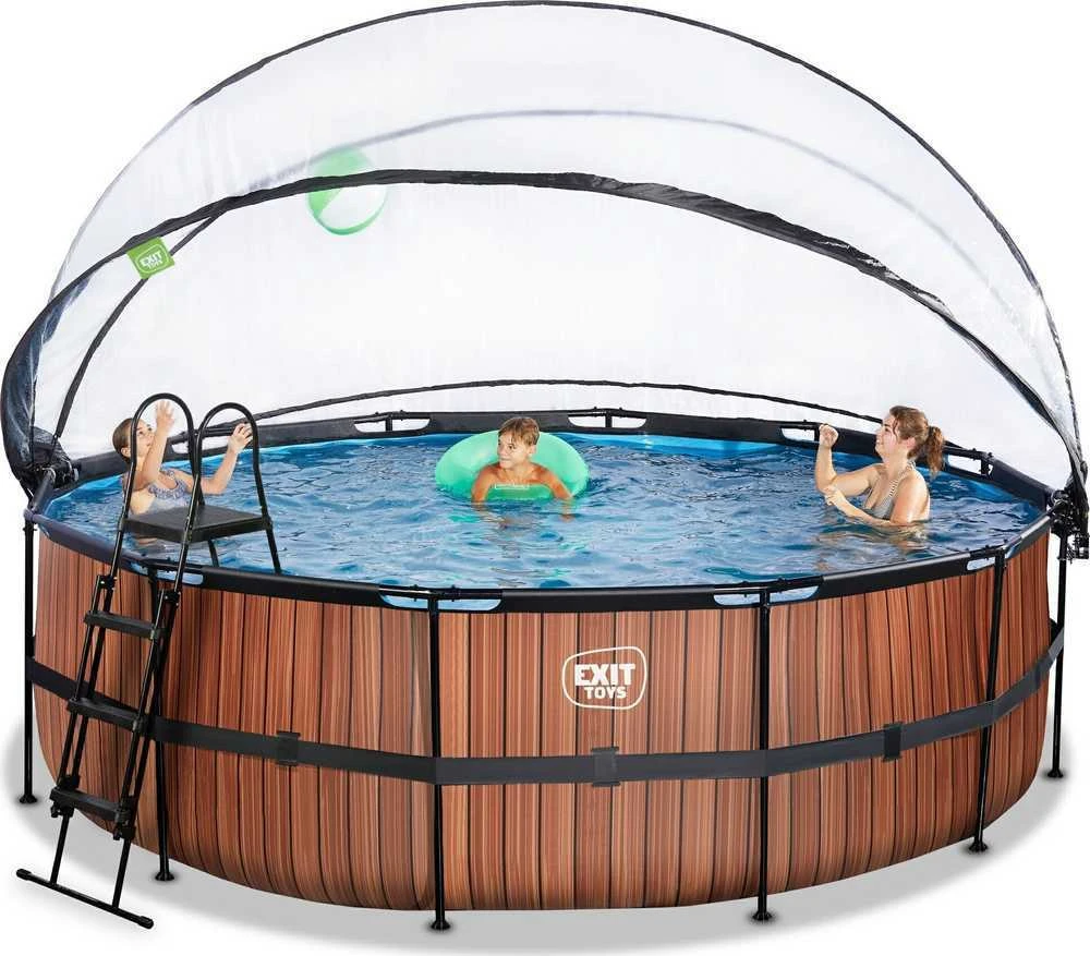 EXIT Wood baseinas ø450x122cm su kupolu, smėlio filtru ir šilumos siurbliu - rudas
