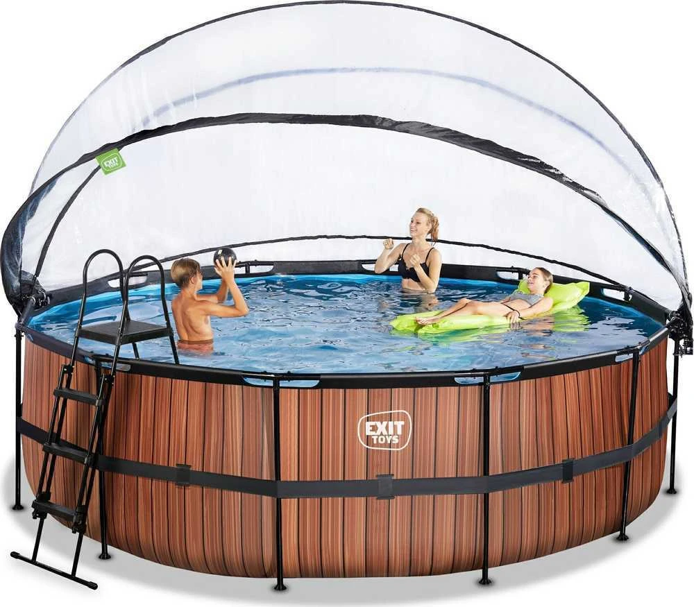 EXIT Wood baseinas ø450x122cm su kupolu, smėlio filtru ir šilumos siurbliu - rudas
