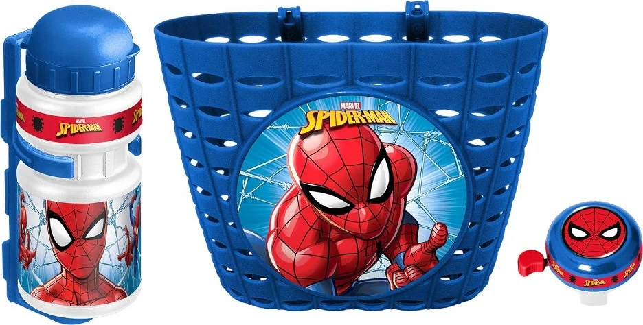 Dviračių rinkinys Spiderman (krepšelis, butelis Vanduo, varpelis)