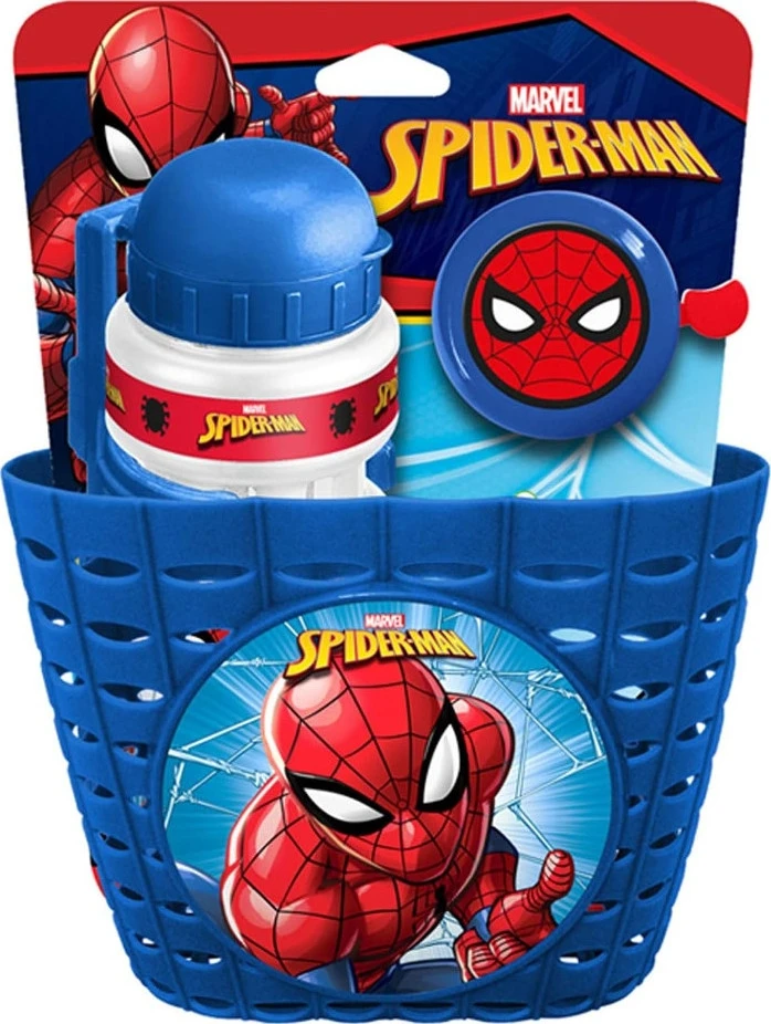 Dviračių rinkinys Spiderman (krepšelis, butelis Vanduo, varpelis)