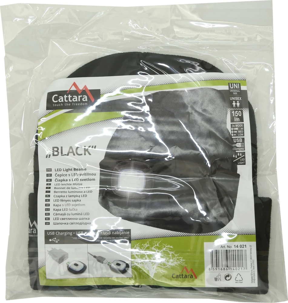 Cattara Juoda kepurė su LED žibintuvėliu ir USB įkrovimu