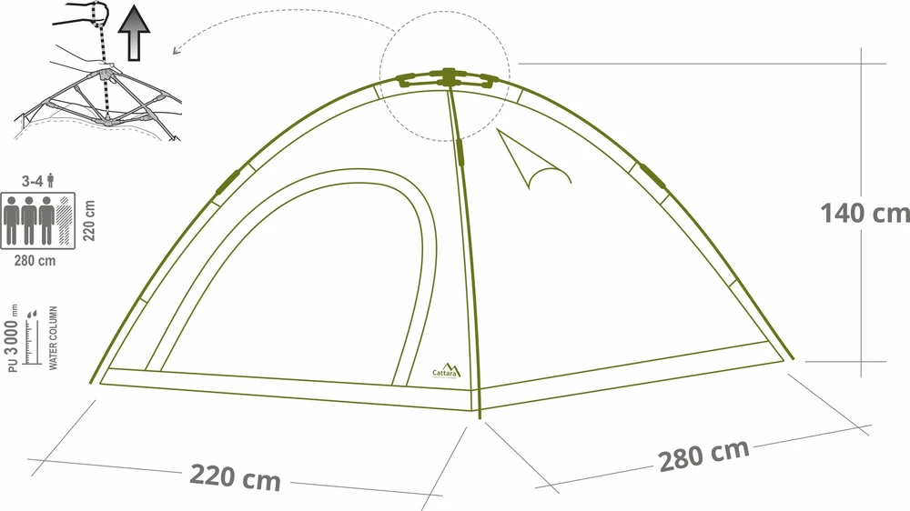 Cattara Greitai sulankstoma palapinė BUDVA 3-4 asmenims 280x220x140 cm PU3000mm