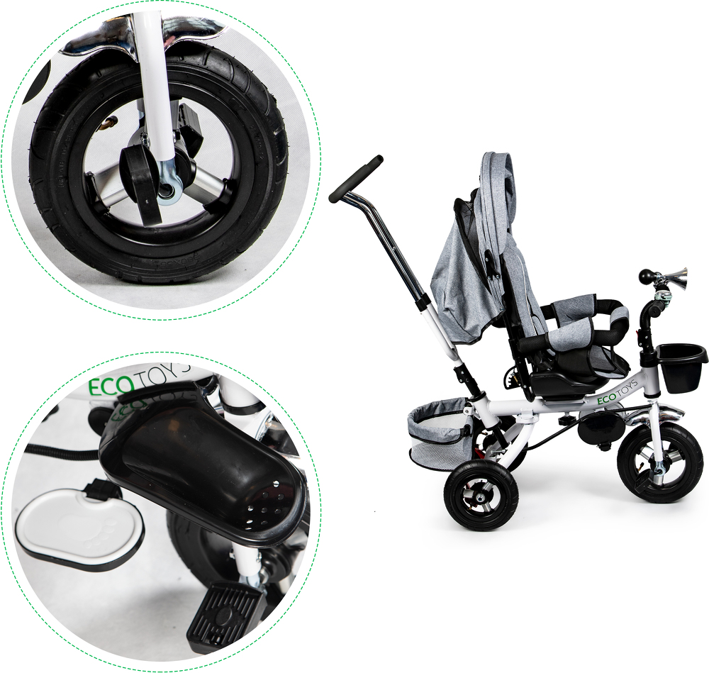 Pasukamas triratukas 360° Pilkas Delux su stogeliu ECOTOYS aprašymas - Prekės nuotrauka