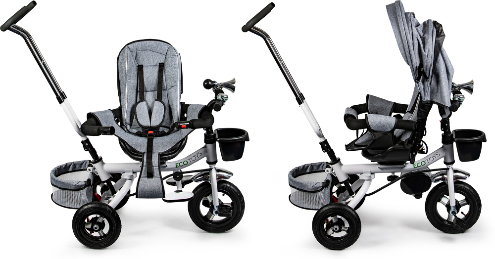 Pasukamas triratukas 360° Pilkas Delux su stogeliu ECOTOYS aprašymas - Prekės nuotrauka