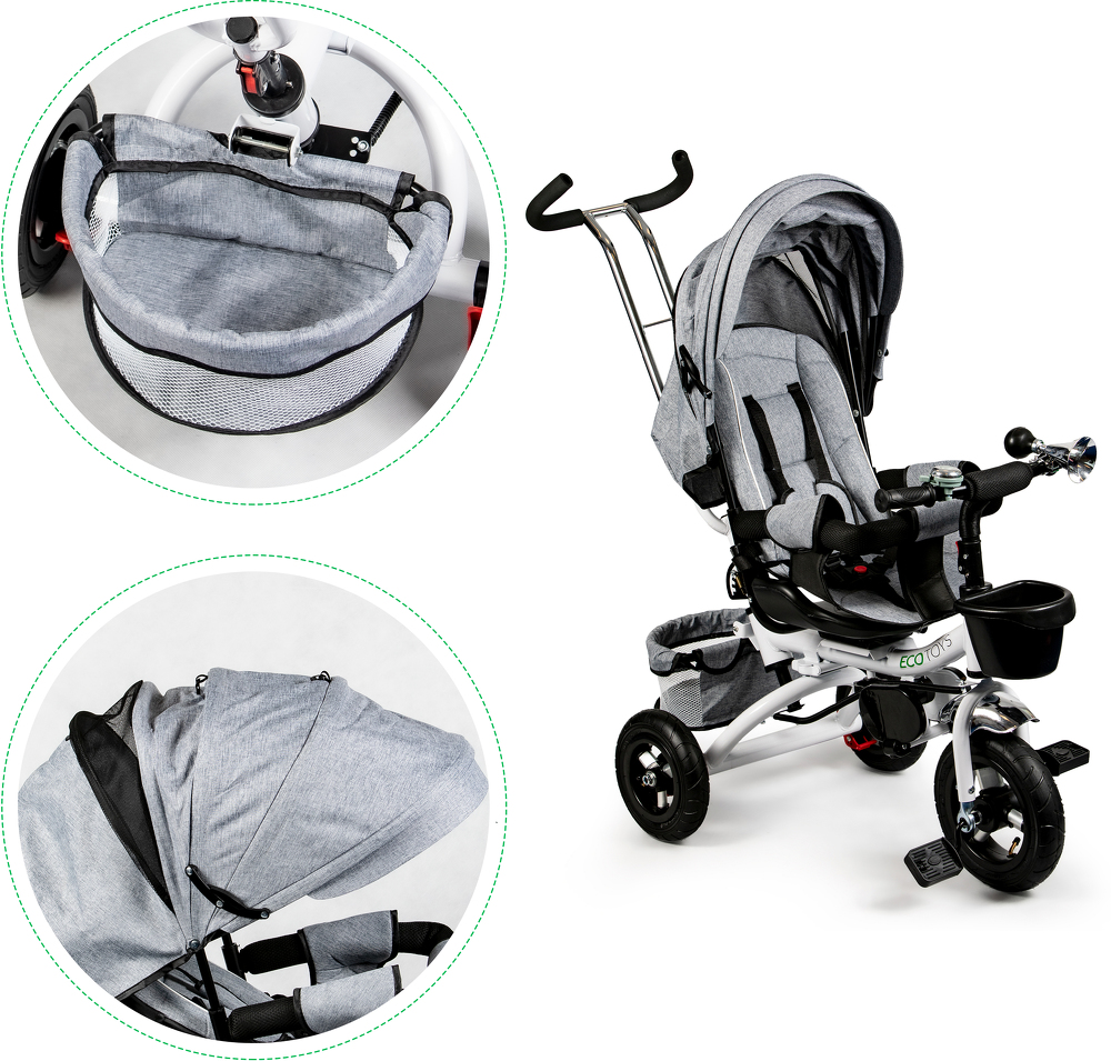 Pasukamas triratukas 360° Pilkas Delux su stogeliu ECOTOYS aprašymas - Prekės nuotrauka