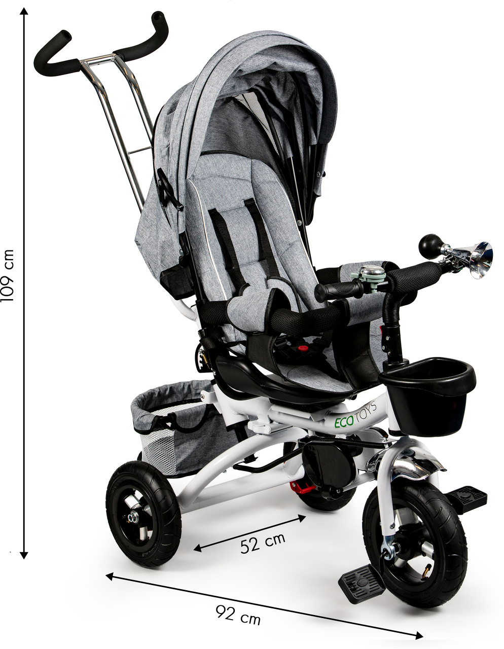 Pasukamas triratukas 360° Pilkas Delux su stogeliu ECOTOYS aprašymas - Prekės nuotrauka