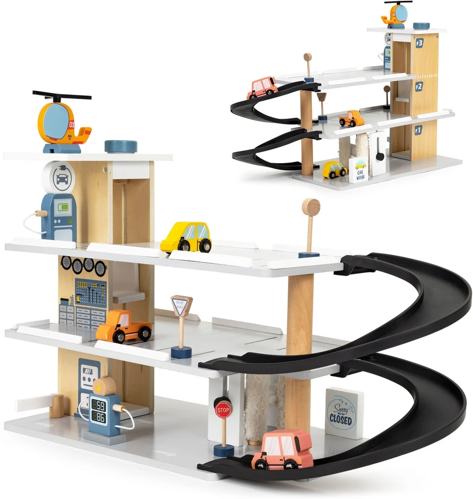 Didelis medinis garažas su liftu + automobilių sraigtasparnių plovykla ECOTOYS