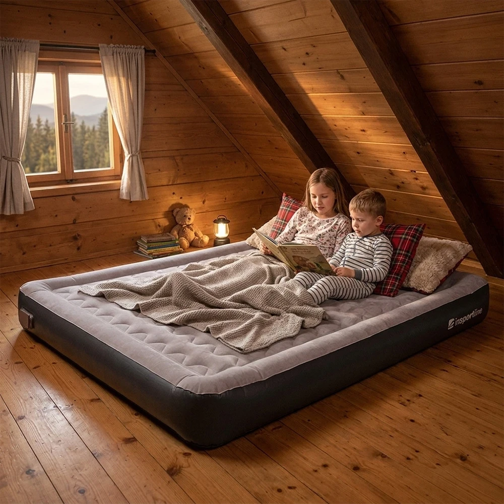 Dvivietis pripučiamas čiužinys inSPORTline Valkon Duo 192x151x22 cm su įmontuota elektrine pompa