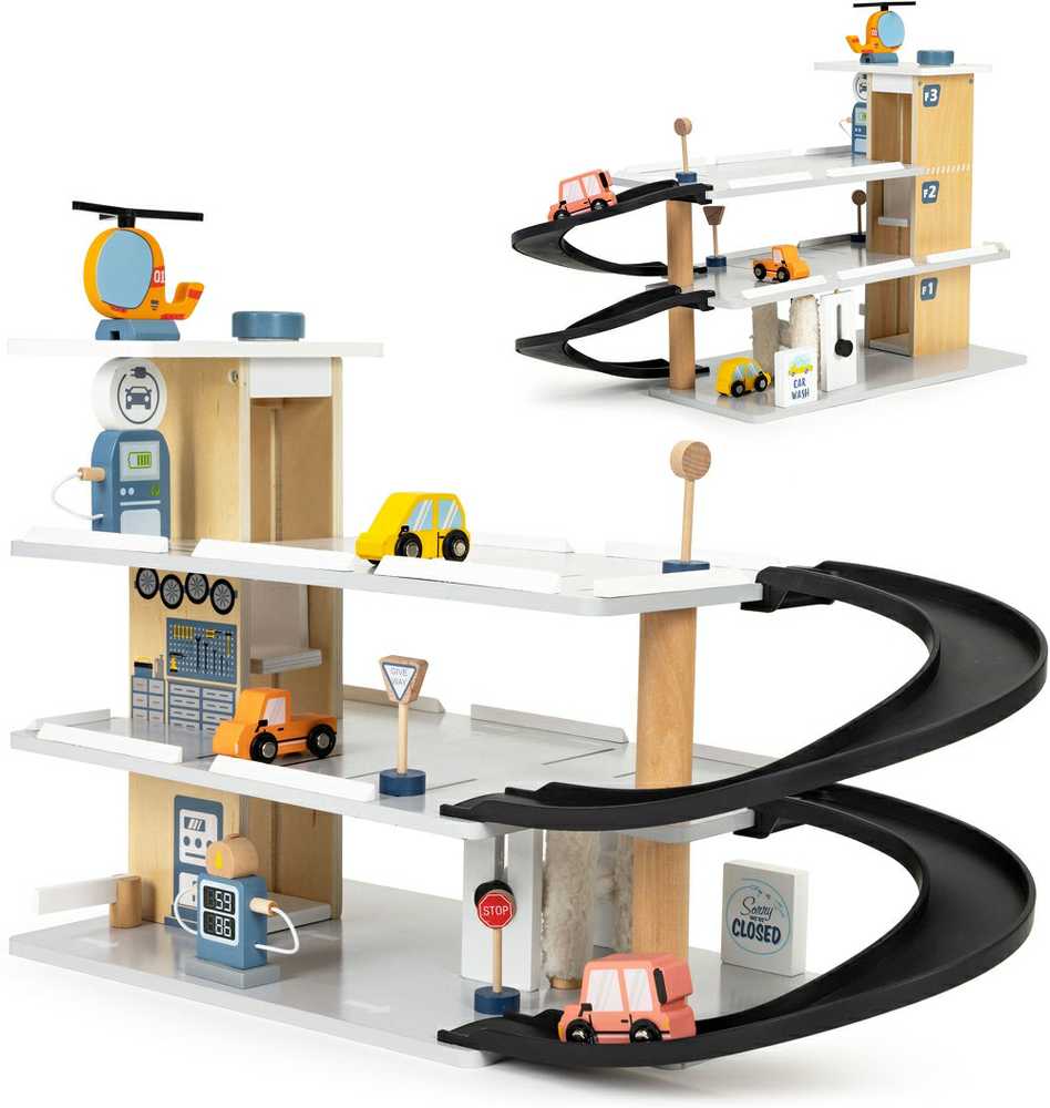 Didelis medinis garažas su liftu + automobilių sraigtasparnių plovykla ECOTOYS