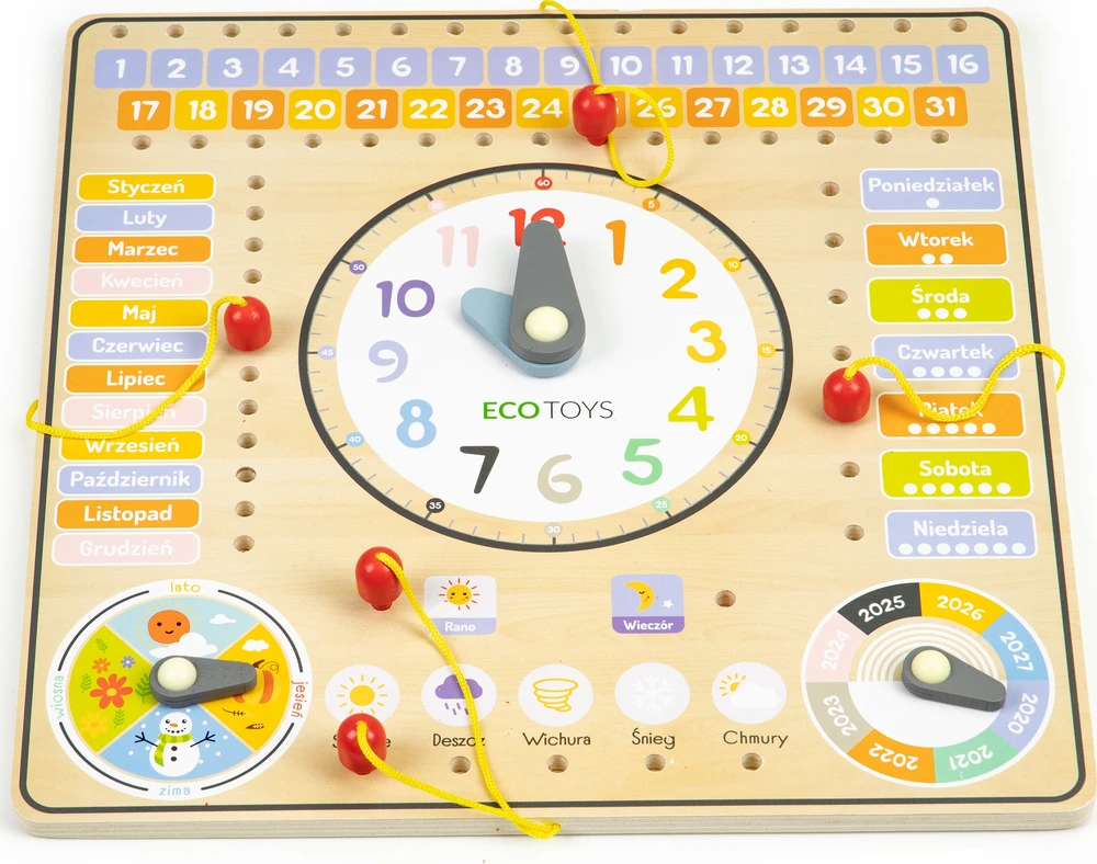 Ecotoys Medinė manipuliavimo lenta su kalendoriumi ir laikrodžiu