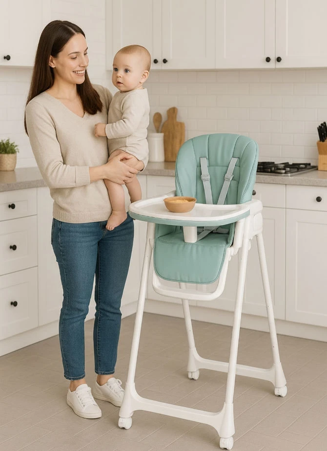Ecotoys Reguliuojamo aukščio maitinimo kėdė su eko odos dirželiais, dvigubas padėklas