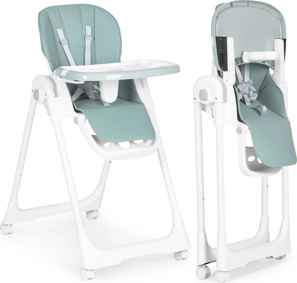 Ecotoys Reguliuojamo aukščio maitinimo kėdė su eko odos dirželiais, dvigubas padėklas