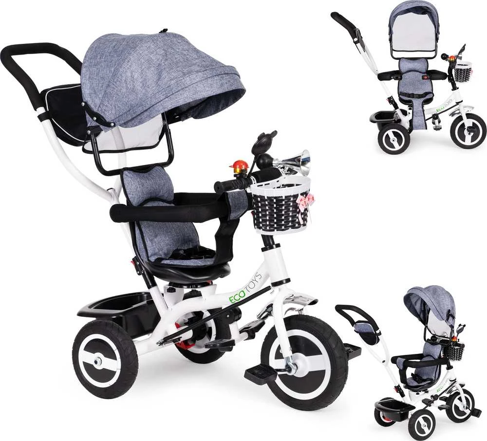 Ecotoys triratukas besisukantis stogelis pilka patvarūs guminiai ratai