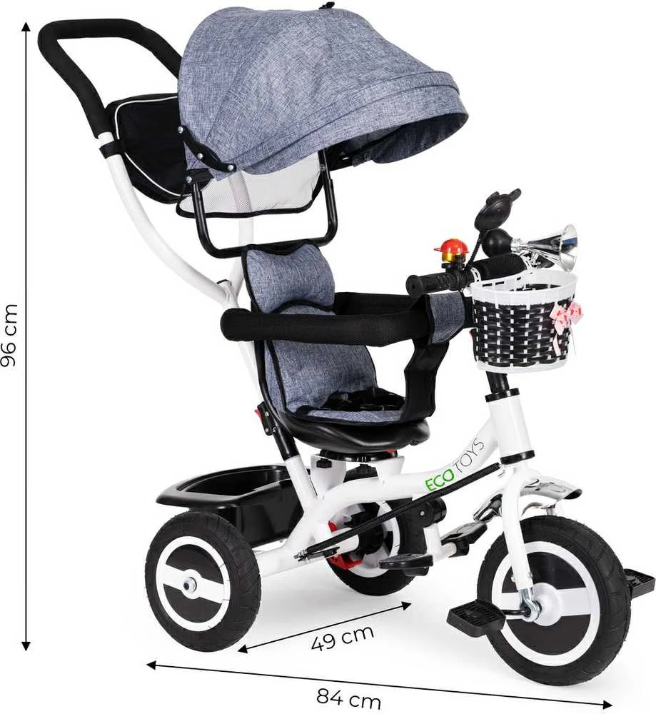 Ecotoys triratukas besisukantis stogelis pilka patvarūs guminiai ratai