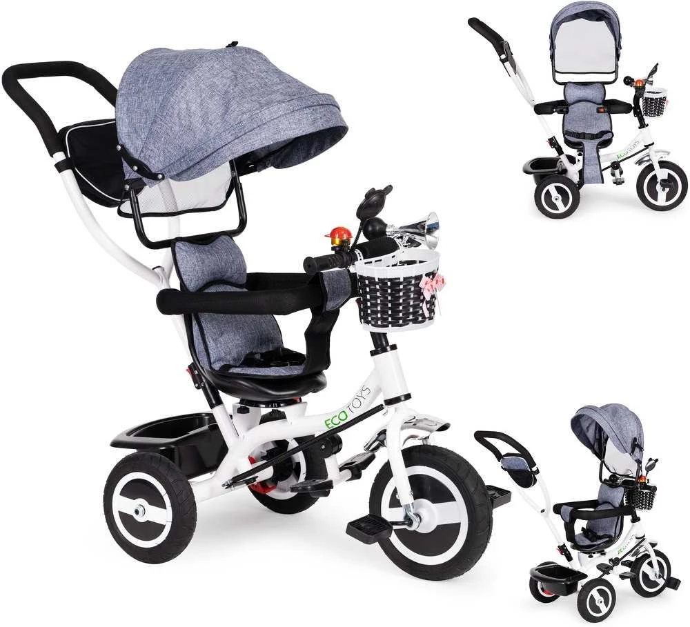 Ecotoys triratukas besisukantis stogelis pilka patvarūs guminiai ratai