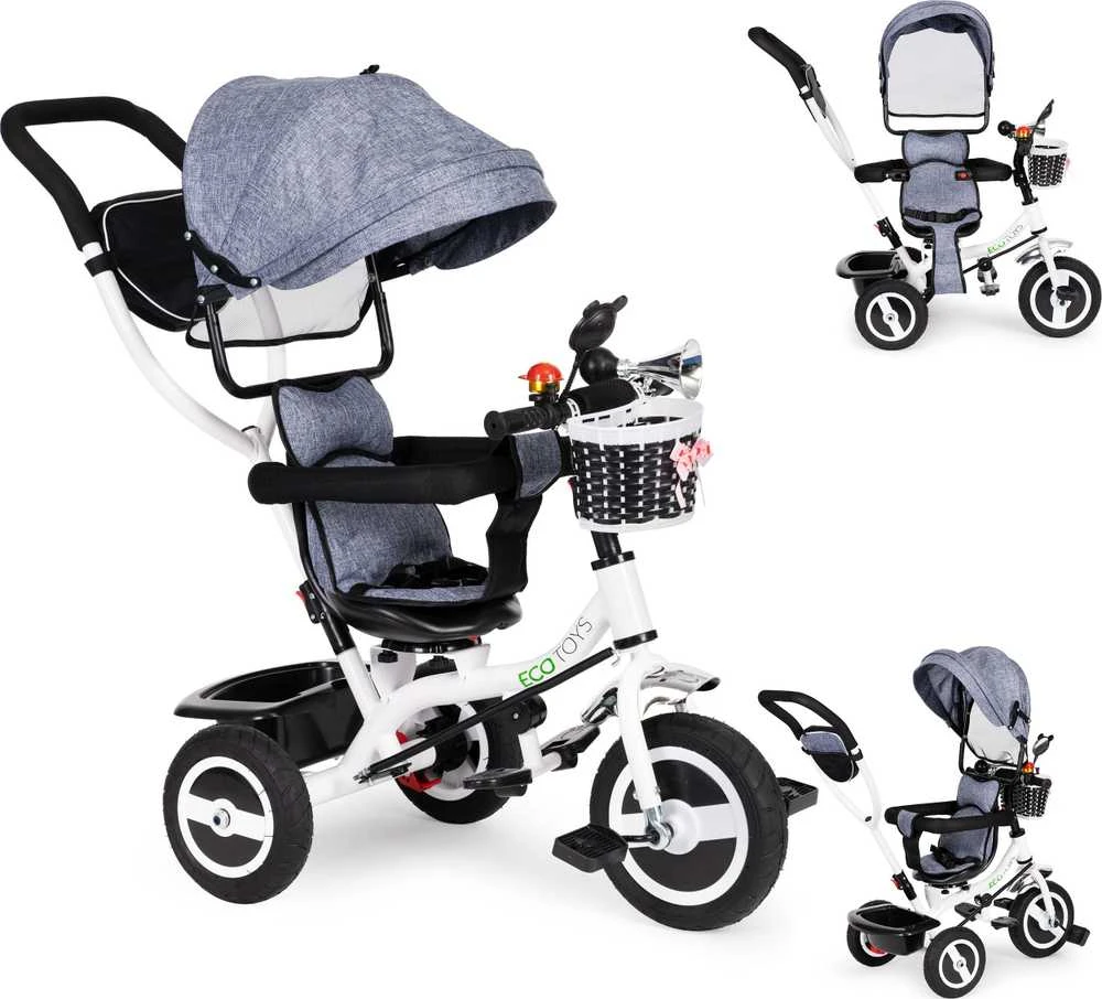 Ecotoys triratukas besisukantis stogelis pilka patvarūs guminiai ratai