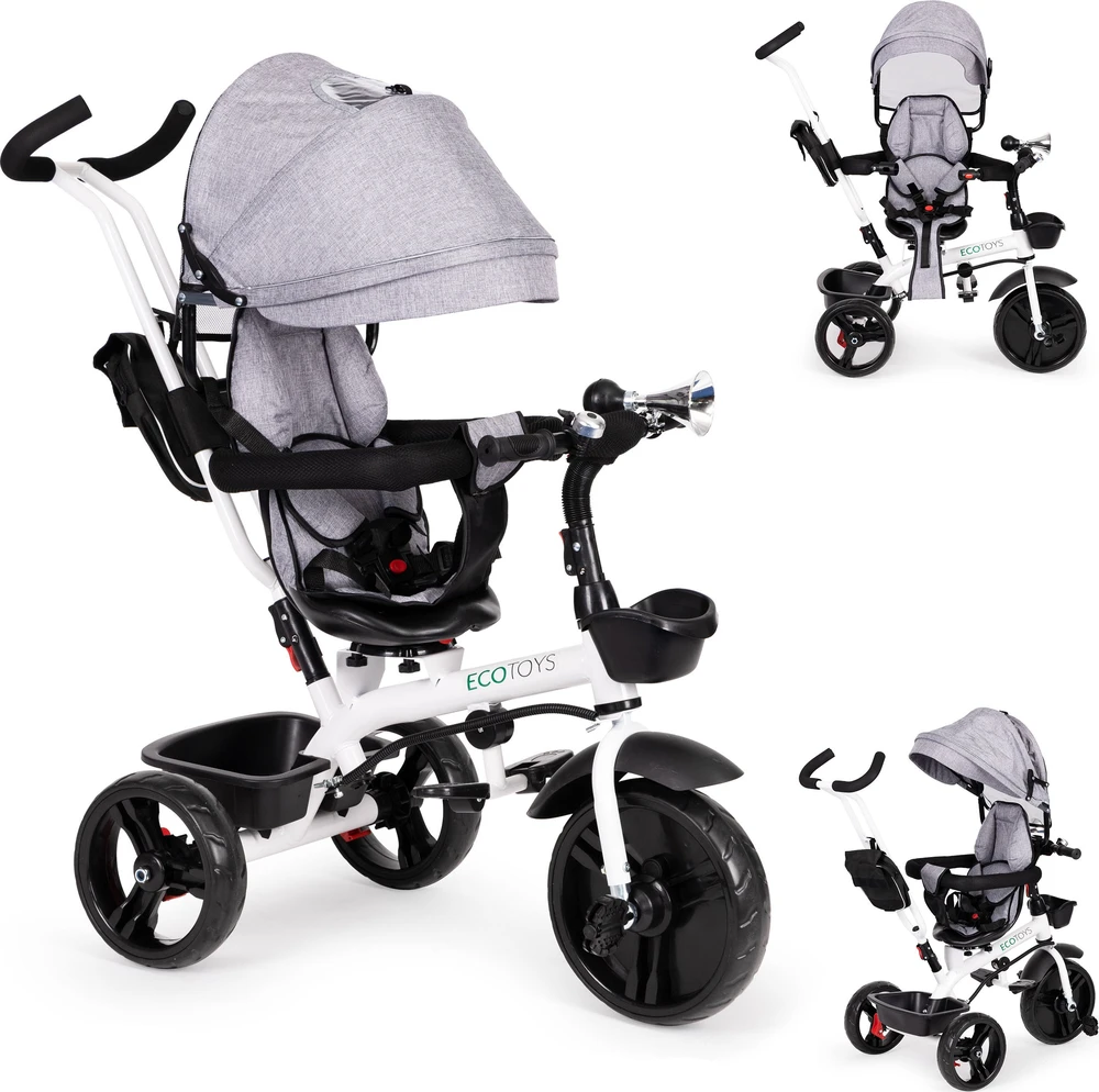 Ecotoys Besisukantis triratukas su gaubtu 360° Pilka
