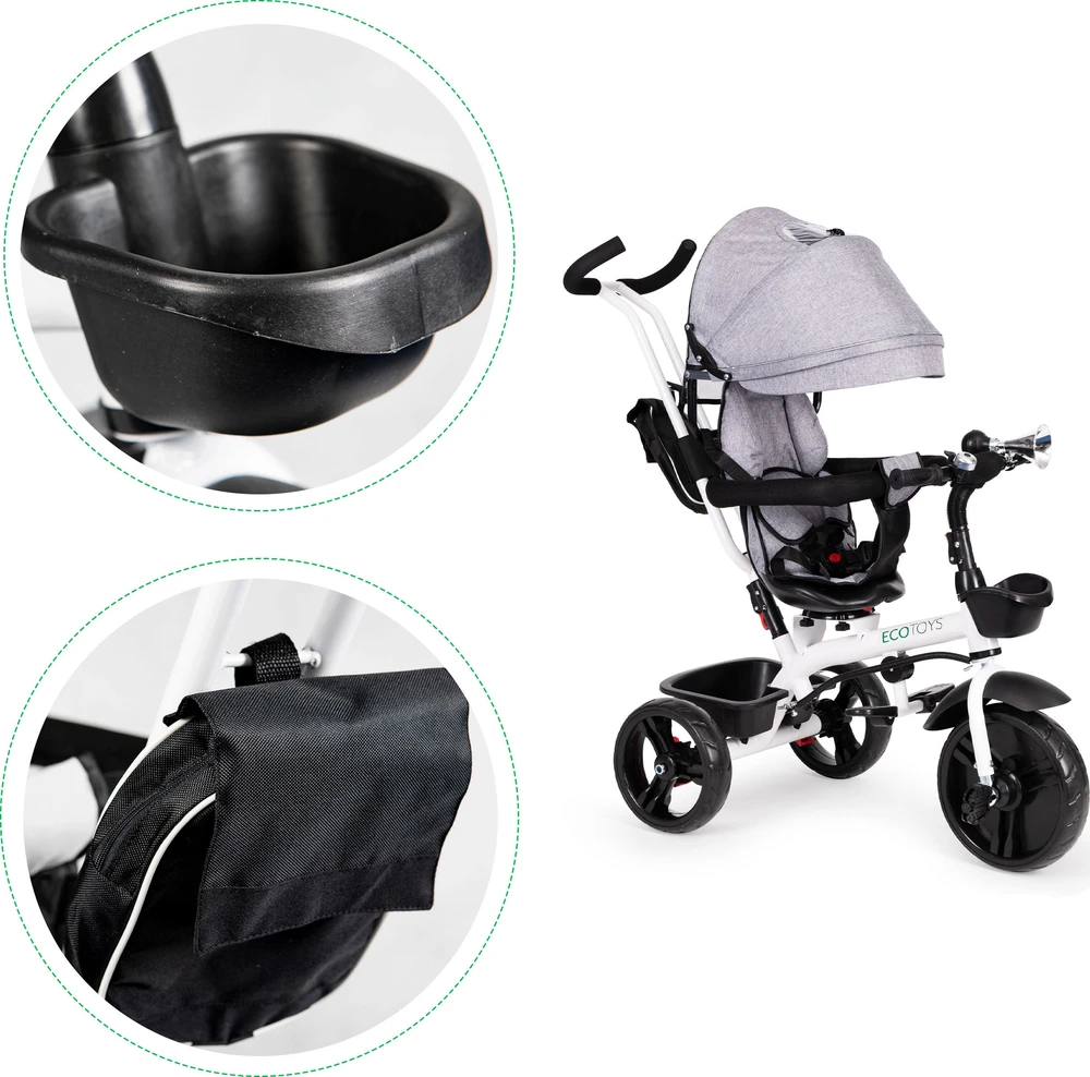 Ecotoys Besisukantis triratukas su gaubtu 360° Pilka