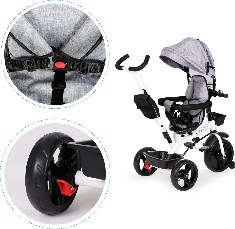 Ecotoys Besisukantis triratukas su gaubtu 360° Pilka