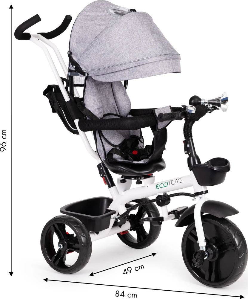 Ecotoys Besisukantis triratukas su gaubtu 360° Pilka