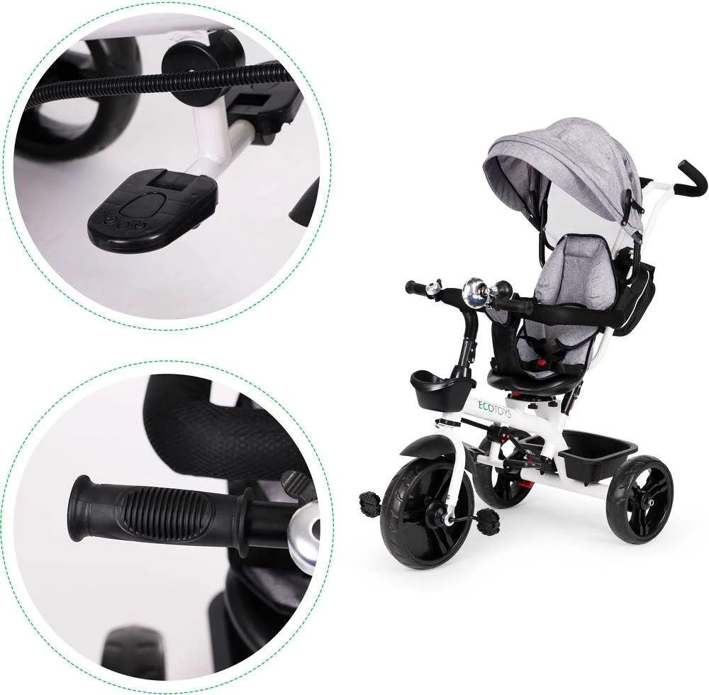 Ecotoys Besisukantis triratukas su gaubtu 360° Pilka
