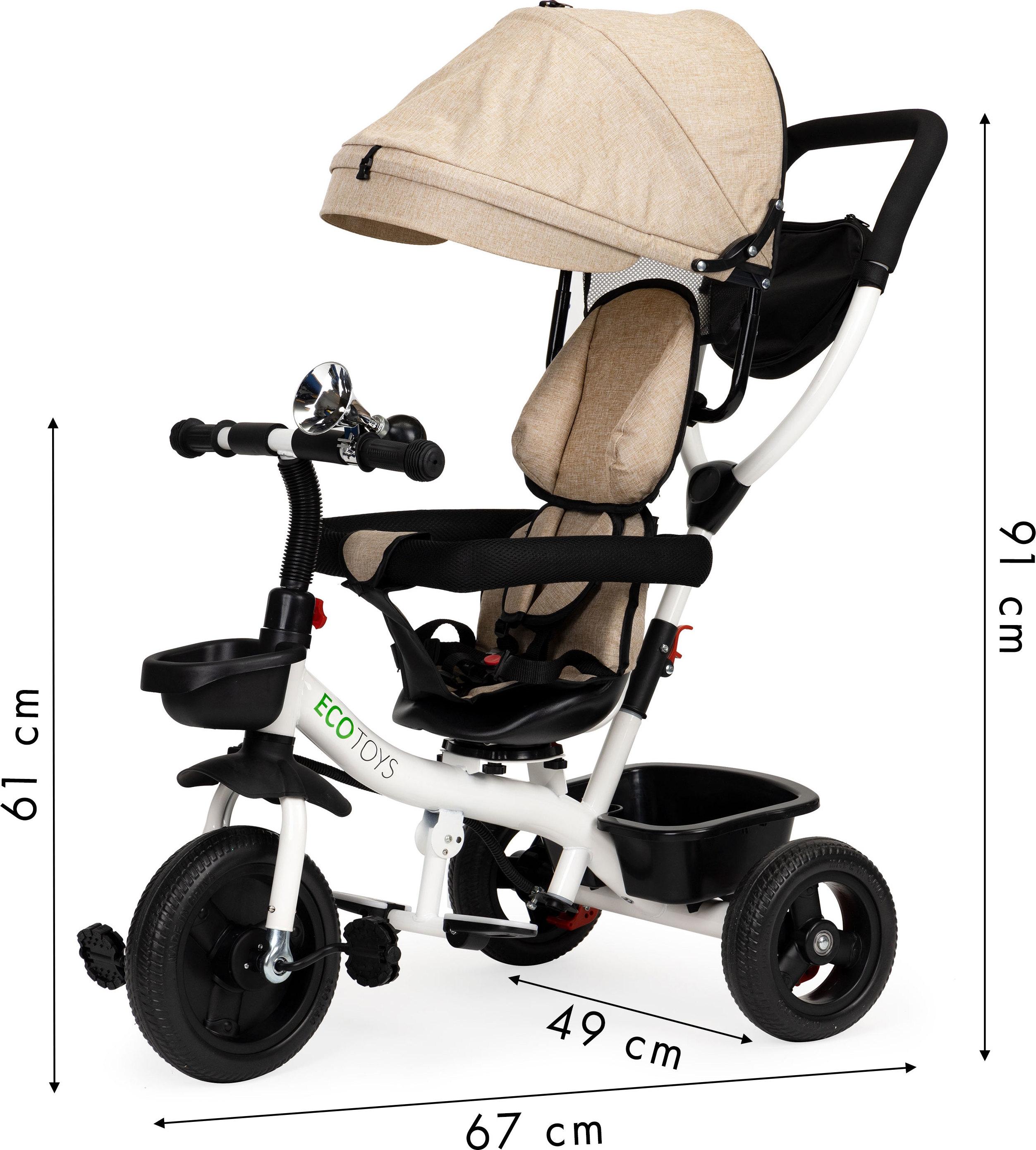 Ecotoys Vaikiškas vežimėlis - triratukas su reguliuojama sėdyne Eco Toys, smėlio spalvos