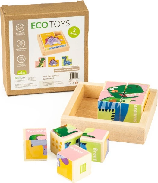 Edukacinė, medinė, kaladėlių dėlionė Ecotoys Dino
