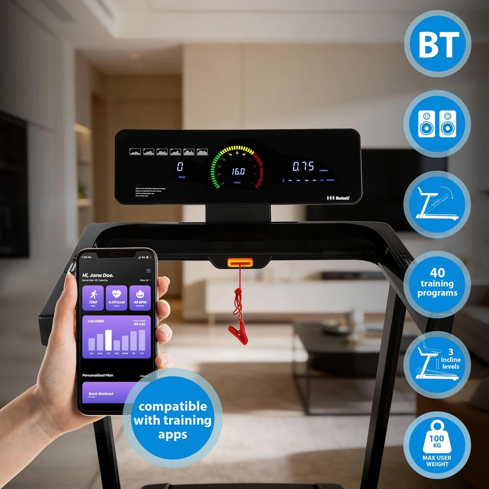ELEKTRINIS BĖGIMO TAKELIS, SUDERINAMAS SU „BLUETOOTH“ IR TRENIRUOČIŲ PROGRAMĖLĖMIS BE5872N HMS