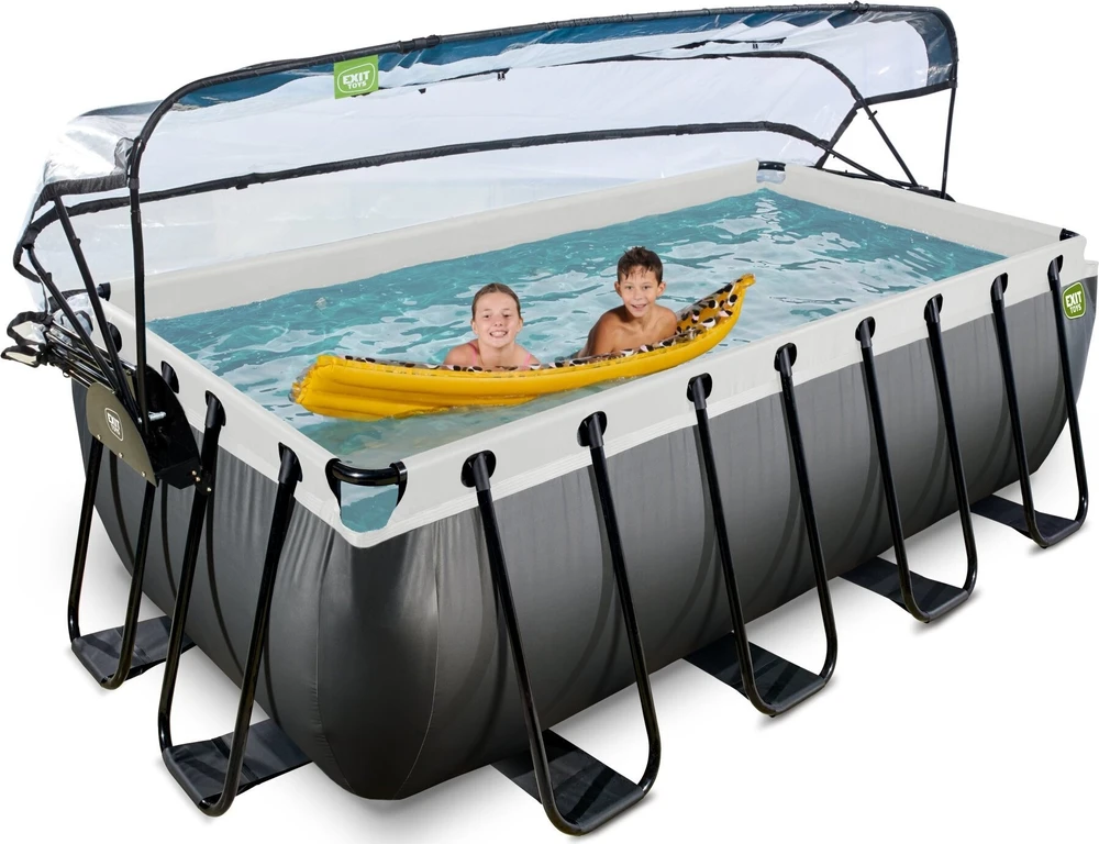 Baseinas EXIT Juodas Leather 400x200x122 cm su smėlio filtro siurbliu, kupolu ir šilumos siurbliu, juodas
