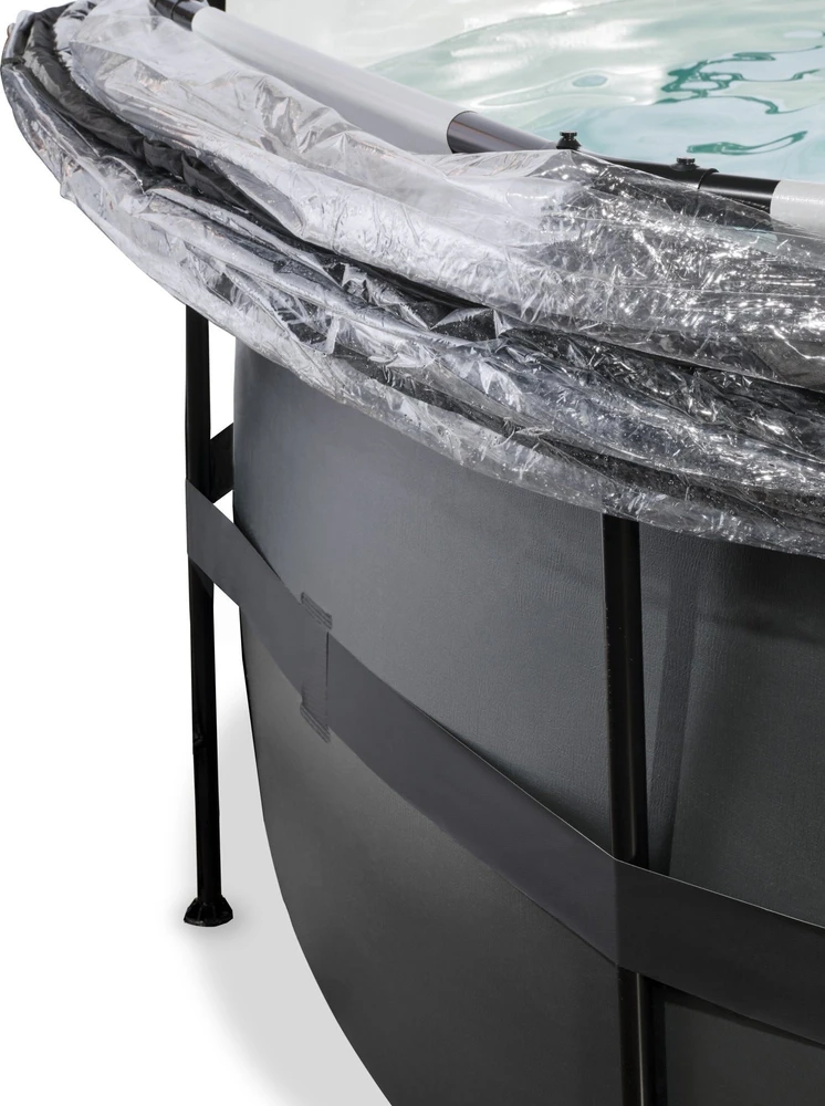 EXIT Juodas Leather baseinas ø488x122 cm su smėlio filtro siurbliu, kupolu ir šilumos siurbliu, juodas
