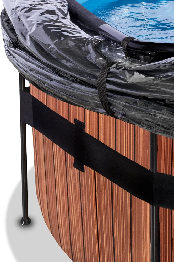 Baseinas EXIT Wood ø427x122 cm su smėlio filtro siurbliu, kupolu ir šilumos siurbliu, rudas