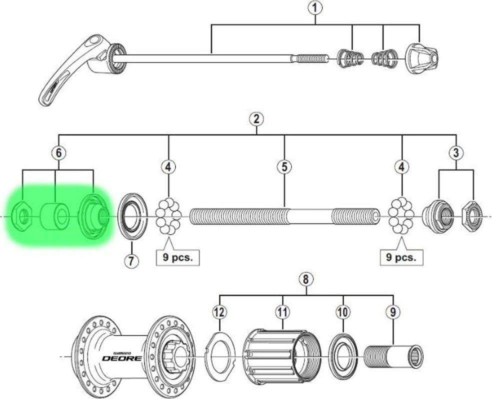 Konusas, poveržlė ir veržlė stebulei Shimano HB-M590