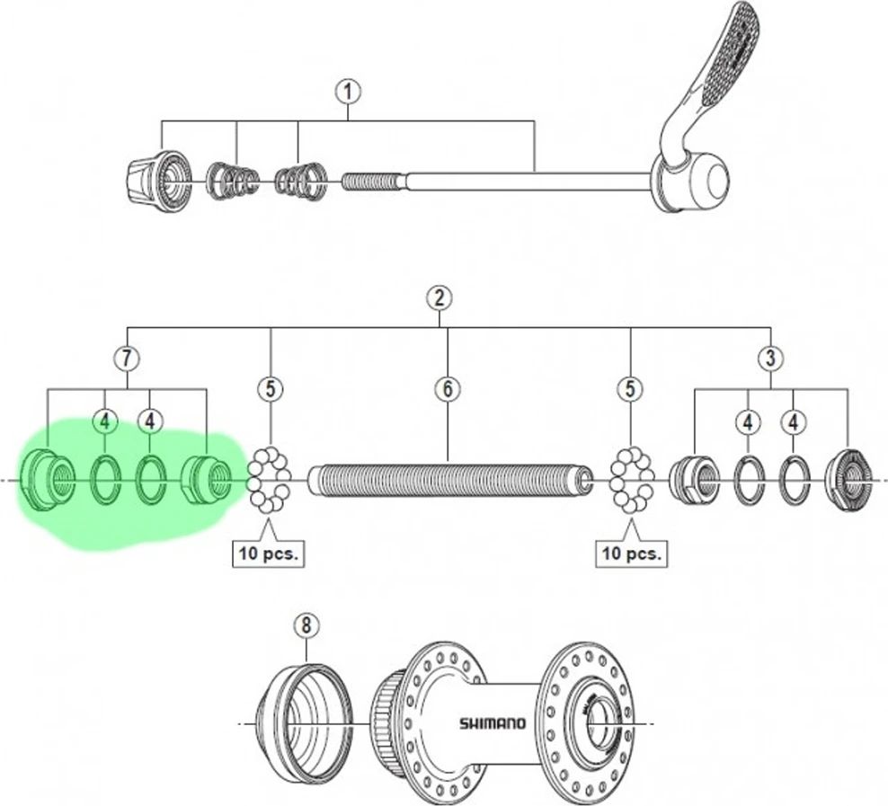 Konusas, poveržlės ir veržlė stebulei Shimano HB-RM66