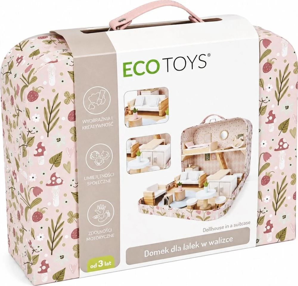 Lėlių namelis lagamine su mediniais baldais ir 20 priedų rinkiniu ECOTOYS