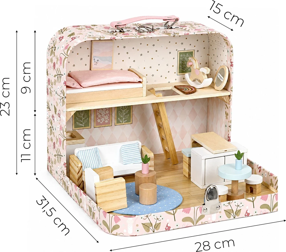 Lėlių namelis lagamine su mediniais baldais ir 20 priedų rinkiniu ECOTOYS