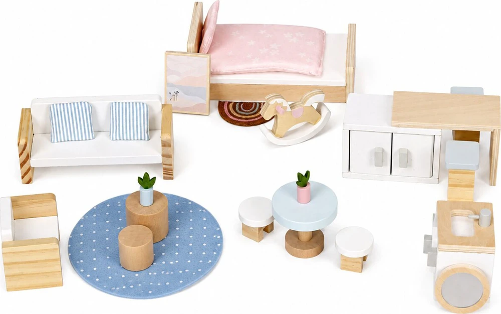 Lėlių namelis lagamine su mediniais baldais ir 20 priedų rinkiniu ECOTOYS