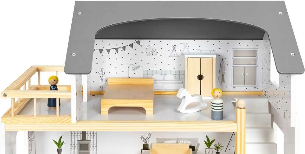 Lėlių namelis su 17 medinių baldų komplektu ECOTOYS