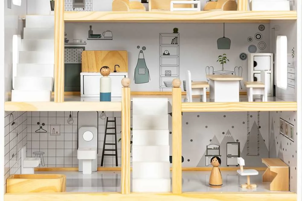Lėlių namelis su 17 medinių baldų komplektu ECOTOYS