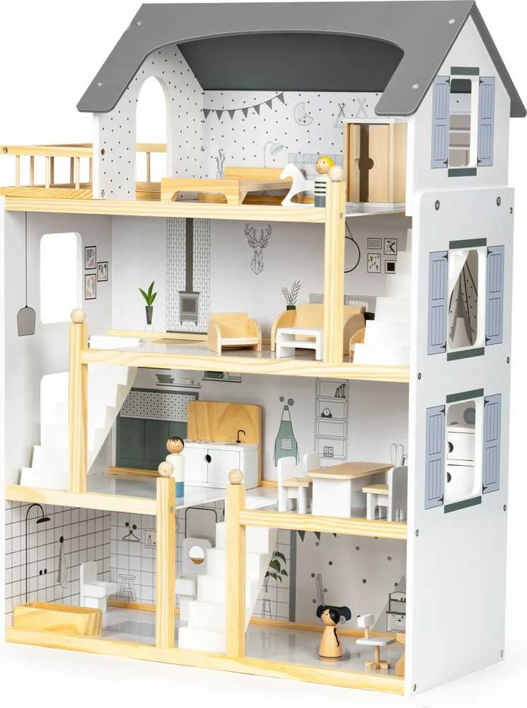 Lėlių namelis su 17 medinių baldų komplektu ECOTOYS
