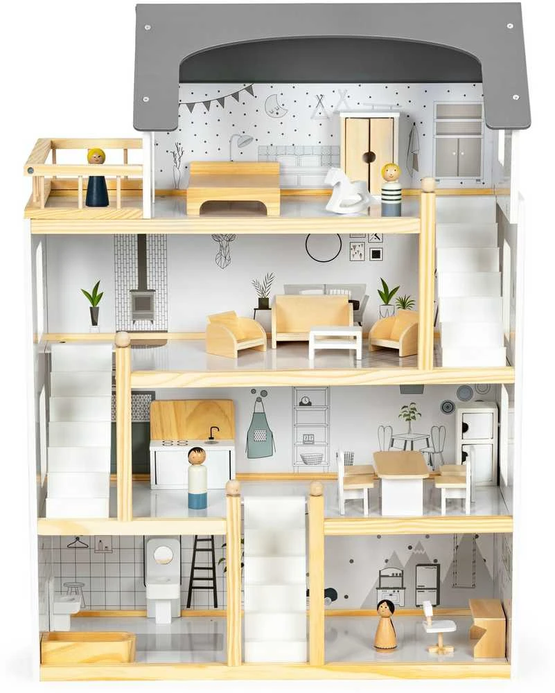 Lėlių namelis su 17 medinių baldų komplektu ECOTOYS